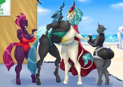Size: 3102x2200 | Tagged: suggestive, artist:blues64, artist:marauder6272, derpibooru import, fizzlepop berrytwist, queen chrysalis, queen novo, rain shine, tempest shadow, oc, oc:sinyxstra, anthro, changeling, kirin, pony, seapony (g4), unguligrade anthro, series:the snack shack, my little pony: the movie, armpits, ass, big breasts, bikini, boob squish, breasts, broken horn, busty queen chrysalis, busty queen novo, busty rain shine, busty tempest shadow, butt, changeling oc, clothes, female, females only, horn, huge breasts, huge butt, impossibly large breasts, large butt, muscles, one-piece swimsuit, reversalis, swimsuit, symmetrical docking, temple shadow, thighs, thunder thighs