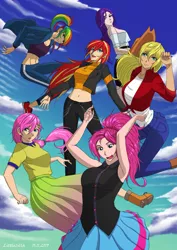 Size: 2901x4096 | Tagged: safe, artist:rittaruzira, derpibooru import, applejack, fluttershy, pinkie pie, rainbow dash, rarity, sunset shimmer, human, equestria girls, anime style, armpits, belly button, boots, clothes, cloud, cowboy hat, hat, human coloration, midriff, pants, poster, shoes, short shirt, skirt, sports bra, stetson