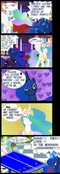 Size: 1199x3428 | Tagged: safe, artist:avchonline, derpibooru import, princess celestia, princess luna, alicorn, pony, censored vulgarity, cheating, comic, dialogue, duo, eyes closed, female, glowing horn, grin, heart, hoof shoes, horn, magic, mare, raised hoof, smiling, smug, table tennis, telekinesis