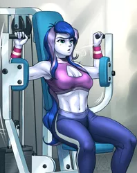 Size: 2250x2845 | Tagged: safe, artist:mykegreywolf, derpibooru import, princess luna, human, equestria girls, abs, armpits, belly, belly button, belly shirt, biceps, cleavage window, clothes, female, gym, halter top, high res, midriff, muscles, pants, princess muscle moona, sitting, solo, sports bra, vice principal luna, vice principal muscle moona, workout, workout outfit