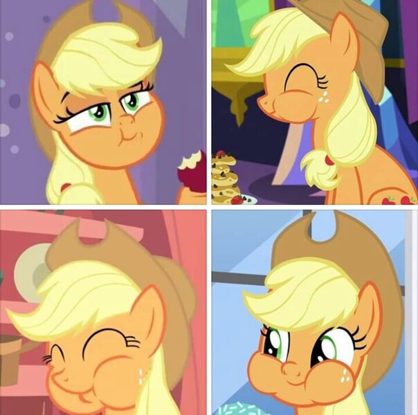 Size: 720x715 | Tagged: safe, derpibooru import, edit, edited screencap, screencap, applejack, earth pony, pony, a trivial pursuit, castle sweet castle, look before you sleep, the ending of the end, cropped, cute, eating, face, jackabetes, puffy cheeks, smiling