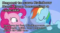 Size: 800x450 | Tagged: semi-grimdark, derpibooru import, edit, edited screencap, screencap, pinkie pie, rainbow dash, earth pony, pegasus, pony, fanfic:cupcakes, secrets and pies, awake, bed, blanket, caption, duo, eyes closed, eyes open, female, image macro, implied cupcakes, implied pinkamena, mare, repost, sleeping, smiling, text