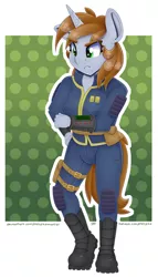 Size: 4000x7000 | Tagged: safe, alternate version, artist:partylikeanartist, derpibooru import, oc, oc:littlepip, unofficial characters only, anthro, unicorn, fallout equestria, fanfic, absurd resolution, boots, clothes, combat boots, fallout, fanfic art, female, hand, horn, mare, pipbuck, shoes, simple background, solo, vault suit