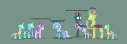 Size: 12397x4343 | Tagged: safe, artist:gd_inuk, derpibooru import, cornicle, ocellus, pharynx, starlight glimmer, thorax, trixie, changedling, changeling, pony, unicorn, absurd resolution, background changeling, blank eyes, burn marks, changedling brothers, changedlingified, changelingified, descriptive noise, dialogue, empty eyes, green background, implied transformation, king thorax, lineless, no mouth, no pupils, one hoof raised, pharynx is not amused, prince pharynx, simple background, species swap, stylized, trixie is not amused, unamused