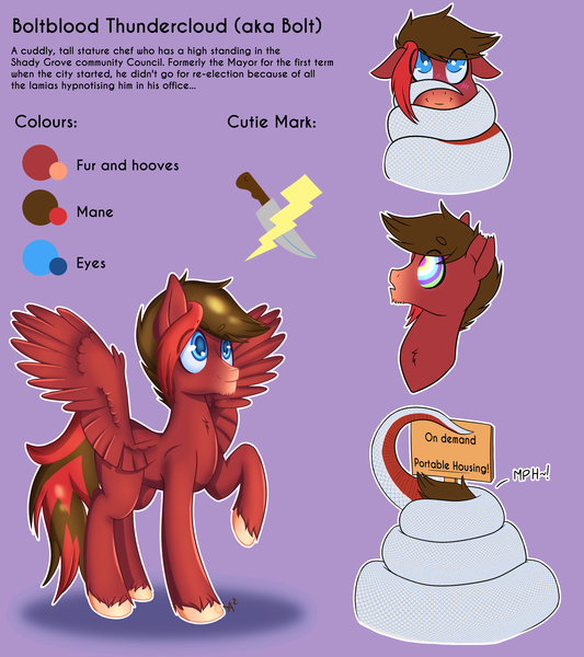 Size: 3030x3409 | Tagged: safe, artist:cha-squared, derpibooru import, oc, oc:boltblood thundercloud, oc:ruby scales, lamia, original species, pegasus, pony, blue eyes, blushing, coils, commission, hypnosis, hypnotized, knife, lightning, misspelling, red coat, reference sheet, sign, smiling, snake tail