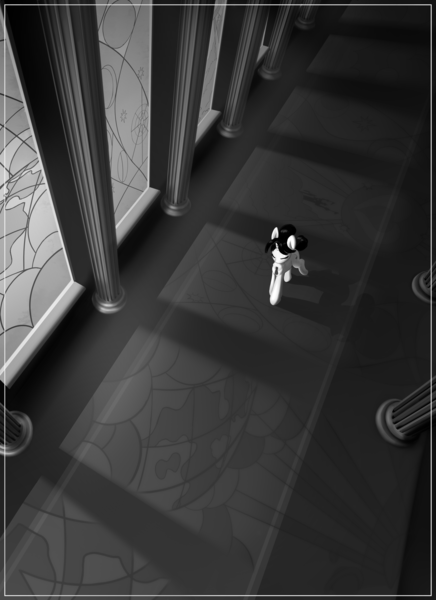 Size: 3000x4125 | Tagged: safe, artist:lunebat, derpibooru import, raven, pony, unicorn, canterlot castle, fanfic art, grayscale, hallway, illustration, monochrome, solo, stained glass