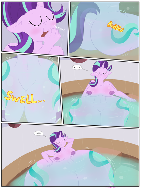 Size: 1620x2160 | Tagged: questionable, artist:necrofeline, derpibooru import, starlight glimmer, anthro, unicorn, comic:the booty trap 5, series:the booty trap, big breasts, both cutie marks, breasts, busty starlight glimmer, butt, butt expansion, comic, cutie mark, featureless crotch, female, food, glimmer glutes, growth, hip expansion, hot tub, huge butt, impossibly large thighs, impossibly wide hips, large butt, nipples, nudity, ponyville spa, speech bubble, steam, sweat, tail, thighs, thunder thighs, wide hips