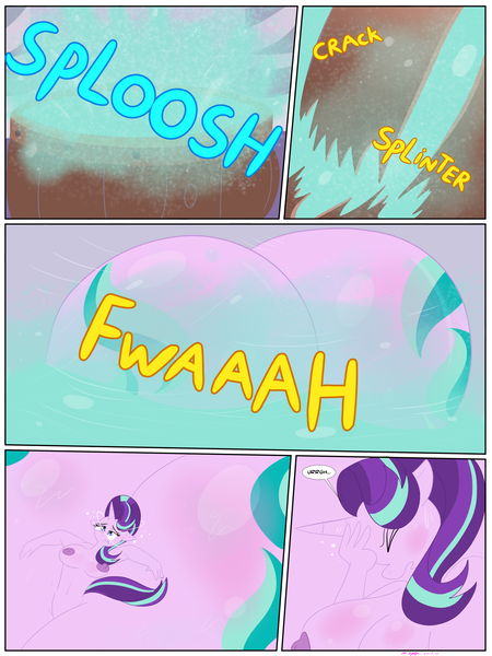 Size: 1620x2160 | Tagged: questionable, artist:necrofeline, derpibooru import, starlight glimmer, anthro, unicorn, comic:the booty trap 5, series:the booty trap, breasts, busty starlight glimmer, butt, butt expansion, comic, glimmer glutes, growth, huge butt, impossibly large butt, large butt, nipples, nudity, onomatopoeia, property damage, sound effects, thighs, thunder thighs, wide hips