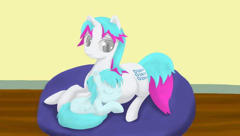 Size: 2720x1536 | Tagged: safe, artist:midnightsonare, derpibooru import, oc, oc:netrunner, oc:starrunner, pegasus, pony, unicorn, eyes closed, female, filly, mare, mother and child, mother and daughter, pregnant, two toned mane, two toned tail