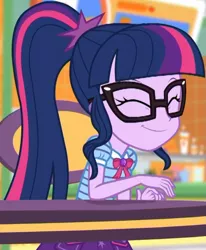 Size: 563x684 | Tagged: safe, derpibooru import, screencap, sci-twi, twilight sparkle, equestria girls, equestria girls series, holidays unwrapped, spoiler:eqg series (season 2), ^^, bowtie, chair, clothes, cropped, cute, eyes closed, female, geode of telekinesis, glasses, hairpin, happy, jewelry, magical geodes, mall, ponytail, shirt, short sleeves, sitting, skirt, smiling, table, twiabetes