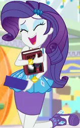 Size: 608x966 | Tagged: safe, derpibooru import, screencap, rarity, equestria girls, equestria girls series, holidays unwrapped, spoiler:eqg series (season 2), barrette, beautiful, book, box, canterlot mall, clothes, cropped, cute, dress, excited, eyes closed, eyeshadow, female, hairclip, high heels, makeup, mall, miniskirt, novel, present, raised leg, raribetes, shadow spade, shoes, skirt, smiling, wrist cuffs