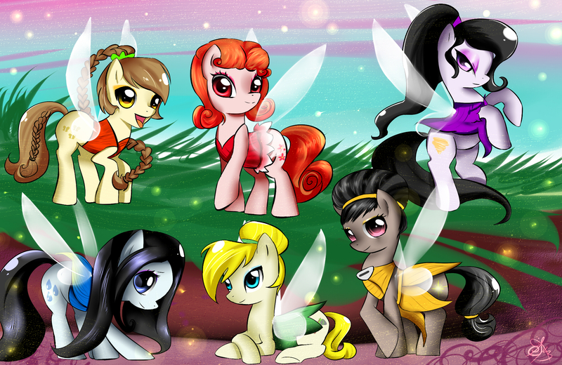 Size: 2000x1300 | Tagged: safe, artist:daughter-of-fantasy, derpibooru import, ponified, fairy, fairy pony, original species, pony, clothes, crossover, disney fairies, fairies, fairies are magic, fairy wings, fawn (disney), image, iridessa, jpeg, rosetta (disney), silvermist, tinker bell, tinkerbell, vidia, wings