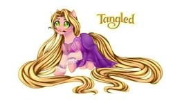 Size: 1000x582 | Tagged: safe, artist:kikuri-tan, deleted from derpibooru, derpibooru import, ponified, earth pony, pony, clothes, dress, female, long mane, long tail, mare, paintbrush, rapunzel, simple background, tangled (disney), transparent background