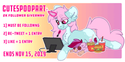 Size: 1100x550 | Tagged: safe, artist:spoopygander, derpibooru import, oc, oc:cayde, oc:scoops, gryphon, pony, unicorn, animated, burger, button eyes, cheese, chest fluff, chips, claws, cutie mark, drawing, drink, ear fluff, eyebrows, female, follower milestone, food, freckles, french fries, gif, giveaway, happy, horn, leonine tail, lettuce, magic, male, mare, markings, meta, multicolored hair, patty, raffle, smiling, straw, text, tomato, twitter, wings