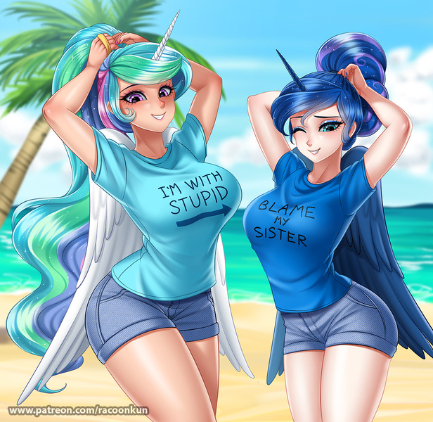 Size: 1100x1072 | Tagged: alicorn, alicorn humanization, alternate hairstyle, anime, artist:racoonsan, beach, between dark and dawn, blame my sister, breasts, clothes, cute, cutelestia, derpibooru import, duo, edit, female, hair bun, horn, horned humanization, human, humanized, i'm with stupid, lunabetes, magic shirt, mare, nail polish, ocean, open mouth, palm tree, passive aggressive, princess celestia, princess luna, royal sisters, safe, shirt, tree, winged humanization, wings