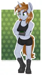 Size: 4000x7000 | Tagged: safe, alternate version, artist:partylikeanartist, derpibooru import, edit, oc, oc:littlepip, unofficial characters only, anthro, unicorn, fallout equestria, fanfic, absurd resolution, belly button, boots, boxers, bra, clothes, combat boots, fallout, fanfic art, female, hand, horn, mare, pipbuck, shoes, simple background, solo, sports bra, stomach, tomboy, underwear, underwear edit