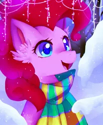 Size: 1053x1280 | Tagged: safe, artist:tamtamteru, derpibooru import, pinkie pie, earth pony, pony, bust, clothes, colored pupils, cute, diapinkes, ear fluff, female, happy, mare, open mouth, scarf, smiling, snow, snowfall, solo, winter