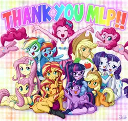 Size: 4699x4430 | Tagged: safe, artist:uotapo, derpibooru import, applejack, fluttershy, pinkie pie, rainbow dash, rarity, sci-twi, sunset shimmer, twilight sparkle, twilight sparkle (alicorn), alicorn, earth pony, pegasus, pony, unicorn, equestria girls, equestria girls series, applejack's hat, armpits, cowboy hat, cute, dashabetes, diapinkes, end of ponies, female, freckles, geode of shielding, geode of sugar bombs, geode of super speed, happy, hat, human ponidox, humane five, humane seven, humane six, jackabetes, looking at each other, looking at you, magical geodes, mare, one eye closed, open mouth, raribetes, self ponidox, shimmerbetes, shyabetes, sitting, smiling, spread wings, thank you, twiabetes, twolight, uotapo is trying to murder us, wings