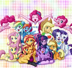 Size: 4699x4430 | Tagged: safe, alternate version, artist:uotapo, derpibooru import, applejack, fluttershy, pinkie pie, rainbow dash, rarity, sci-twi, sunset shimmer, twilight sparkle, twilight sparkle (alicorn), alicorn, earth pony, pegasus, pony, unicorn, equestria girls, equestria girls series, armpits, breaking the fourth wall, geode of shielding, geode of sugar bombs, geode of super speed, human ponidox, humane five, humane seven, humane six, looking at you, magical geodes, mane six, one eye closed, open mouth, pinkie being pinkie, self ponidox, twolight, wink