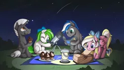 Size: 1192x670 | Tagged: safe, artist:mysticalpha, derpibooru import, oc, oc:bay breeze, oc:cloud zapper, oc:minty root, oc:scope, unofficial characters only, pegasus, pony, unicorn, female, food, forest, lantern, male, mare, muffin, night, shooting star, stallion, stargazing, stars, telescope