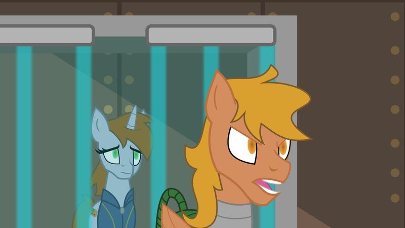 Size: 1024x576 | Tagged: safe, artist:krellak, derpibooru import, oc, oc:colonel autumn leaf, oc:littlepip, unofficial characters only, pegasus, pony, unicorn, fallout equestria, cage, fanfic art, female, force field, grand pegasus enclave, male, mare, stallion