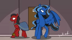 Size: 1192x670 | Tagged: safe, artist:krellak, derpibooru import, oc, oc:red eye, unofficial characters only, alicorn, cyborg, earth pony, pony, fallout equestria, artificial alicorn, blue alicorn (fo:e), cape, clothes, fanfic art, female, male, mare, pipbuck, stallion