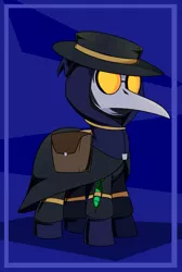 Size: 733x1091 | Tagged: safe, artist:flylash6009, derpibooru import, oc, oc:aroma, ambiguous species, pony, ambiguous gender, bag, leather hat, plague doctor, plague doctor mask, saddle bag, solo, syringe