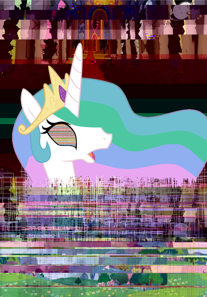 Size: 924x1325 | Tagged: safe, artist:ultrathehedgetoaster, derpibooru import, princess celestia, oc, oc:celestai, pony, fanfic:friendship is optimal, glitch art