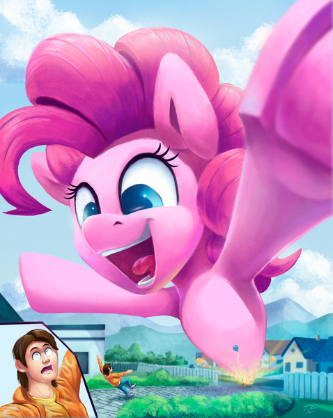 Size: 2000x2510 | Tagged: safe, artist:tsitra360, derpibooru import, pinkie pie, earth pony, human, pony, balloon, box, bush, cartoon physics, clothes, confetti, cute, diapinkes, female, fence, giant pony, hoodie, house, jeans, looking at each other, macro, male, mare, open mouth, outdoors, pants, photo, pony in a box, road, shirt, shoes, smiling, startled, surprised, tongue out, underhoof