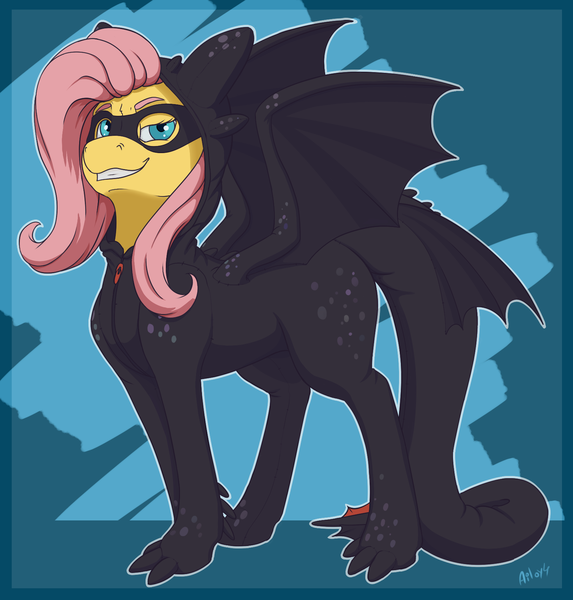 Size: 1614x1689 | Tagged: safe, artist:ailoy4, deleted from derpibooru, derpibooru import, fluttershy, dragon, night fury, pegasus, pony, clothes, costume, female, how to train your dragon, simple background, smiling, solo