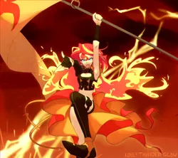 Size: 1500x1333 | Tagged: safe, artist:kkmrarar, derpibooru import, sunset shimmer, equestria girls, armpits, clothes, female, fiery shimmer, flag, macross, macross delta, robotech, solo, staff