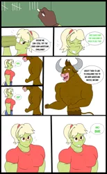 Size: 2452x3980 | Tagged: safe, artist:matchstickman, derpibooru import, granny smith, oc, unnamed oc, anthro, earth pony, minotaur, comic:free cider, abs, anthro oc, biceps, breasts, busty granny smith, chalkboard, cider, clothes, comic, deltoids, dialogue, drunk, drunk bubbles, duo, female, gloves, granny smash, male, mare, mug, muscles, pecs, shirt, simple background, speech bubble, white background, younger, young granny smith