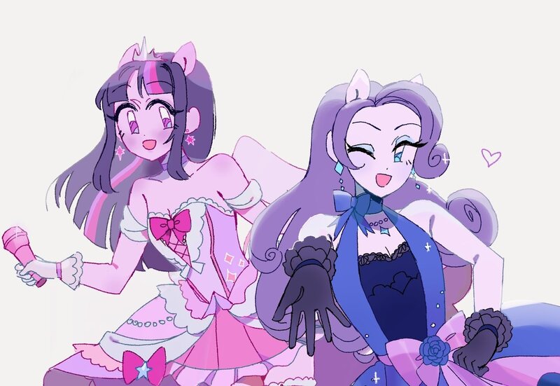 Size: 1280x881 | Tagged: safe, artist:vilkadvanoli, derpibooru import, rarity, twilight sparkle, equestria girls, clothes, cosplay, costume, crown, dress, ear piercing, earring, female, flower, heart, idol, jewelry, lesbian, love live! school idol project, microphone, one eye closed, piercing, ponied up, pony ears, rarilight, regalia, ribbon, shipping, wings, wink