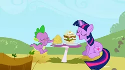 Size: 1280x720 | Tagged: safe, derpibooru import, screencap, spike, twilight sparkle, dragon, pony, unicorn, the ticket master, daffodil and daisy sandwich, duo, eating, eyes closed, female, food, french fries, hay bale, hay fries, male, mare, ponyville, sandwich, unicorn twilight