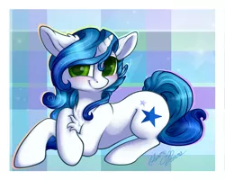 Size: 1892x1515 | Tagged: safe, artist:gleamydreams, derpibooru import, oc, oc:gleamy, unofficial characters only, pony, unicorn, blushing, chest fluff, curly hair, female, forelegs crossed, green eyes, laying on stomach, looking at you, lying down, mare, plaid, signature, simple background, smiling, smiling at you, solo