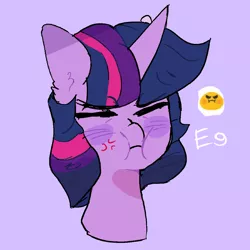 Size: 2500x2500 | Tagged: safe, artist:vilkadvanoli, derpibooru import, twilight sparkle, pony, angry, blushing, bust, cross-popping veins, cute, ear fluff, eyes closed, high res, madorable, portrait, purple background, simple background, solo, twiabetes