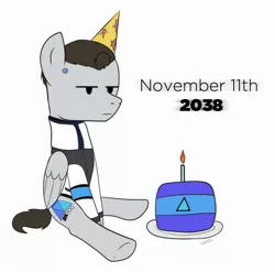 Size: 2424x2392 | Tagged: safe, artist:wolftenpr0nz, derpibooru import, ponified, pegasus, pony, robot, birthday, birthday cake, cake, candle, clothes, crossover, detroit: become human, food, hat, jacket, male, nines, party hat, rk900, simple background, sitting, solo, stallion, unimpressed, video game, white background