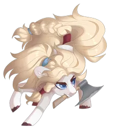 Size: 1450x1600 | Tagged: safe, artist:shady-bush, derpibooru import, oc, oc:freya, earth pony, pony, axe, female, mare, mouth hold, simple background, solo, transparent background, weapon