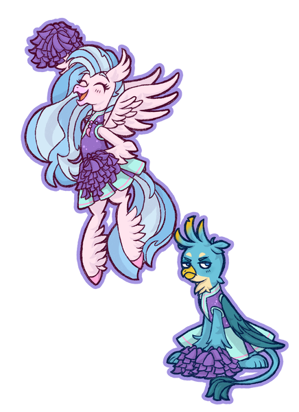 Size: 1600x2200 | Tagged: safe, artist:emiiambar, derpibooru import, gallus, silverstream, 2 4 6 greaaat, cheerleader, cheerleader gallus, cheerleader outfit, cheerleader silverstream, clothes, crossdressing, cute, diastreamies, female, gallstream, male, shipping, straight