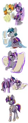 Size: 700x2994 | Tagged: safe, artist:celestial-rainstorm, derpibooru import, pumpkin cake, stygian, twilight sparkle, twilight sparkle (alicorn), oc, oc:dawn star, alicorn, pony, unicorn, female, magic, mare, offspring, older, older pumpkin cake, parent:stygian, parent:twilight sparkle, parents:twigian, scroll, simple background, white background