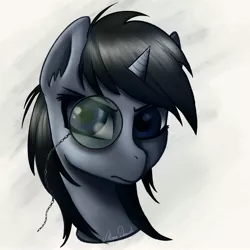 Size: 3000x3000 | Tagged: safe, artist:shanadessaint, derpibooru import, oc, oc:absentia, pony, unicorn, blue eyes, bust, dark, green, mane, monocle, portrait, serious, serious face, solo