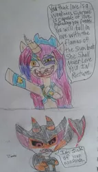 Size: 677x1181 | Tagged: semi-grimdark, artist:tobiisabunny, derpibooru import, princess amore, oc, oc:dante the savage imp, pony, annoyed, blood, dying, famous last words, monochrome, solo, traditional art