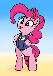 Size: 1448x2048 | Tagged: safe, artist:lemonspark, derpibooru import, pinkie pie, earth pony, pony, beach, bipedal, clothes, cute, diapinkes, female, hoof on hip, mare, one-piece swimsuit, solo, sukumizu, swimsuit, tongue out