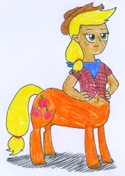 Size: 531x748 | Tagged: applejack, applejack's hat, artist:rizdub, belly button, centaur, centaurified, centaurjack, clothes, cowboy hat, derpibooru import, freckles, hat, human, humanized, midriff, plaid shirt, safe, shirt, solo, species swap, stetson, traditional art