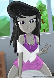 Size: 617x893 | Tagged: suggestive, artist:charliexe, derpibooru import, octavia melody, equestria girls, adorasexy, ambiguous penetration, bedroom, bedroom eyes, bra, breasts, cleavage, clothes, cute, female, grin, imminent sex, implied straight, looking at you, male, male pov, offscreen character, peace sign, pov, purple underwear, sexy, smiling, solo, solo female, tavibetes, underwear, undressing