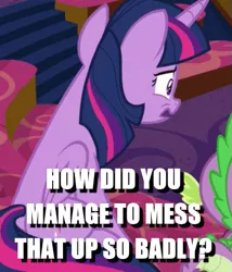 Size: 431x503 | Tagged: alicorn, caption, cropped, derpibooru import, edit, edited screencap, horse play, image macro, reaction image, safe, screencap, solo focus, spike, text, twilight sparkle, twilight sparkle (alicorn)