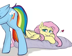 Size: 1849x1449 | Tagged: safe, artist:haruhi-il, derpibooru import, fluttershy, rainbow dash, pegasus, pony, backwards cutie mark, blushing, dat butt, eyes on the prize, female, floating heart, flutterdash, heart, lesbian, looking at butt, mare, meme, shipping, simple background, white background