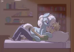 Size: 5613x3899 | Tagged: suggestive, artist:eisky, artist:frenchfreis, derpibooru import, oc, oc:eula phi, unofficial characters only, human, pony, unicorn, bed, bedroom eyes, blonde, blonde hair, bookshelf, butt grab, butt touch, grope, human on pony snuggling, lying down, pillow, plushie, shelves, smiling, smirk, snuggling, tongue out