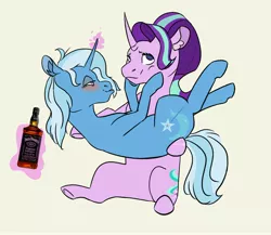 Size: 4096x3553 | Tagged: safe, artist:cartoontoe, derpibooru import, starlight glimmer, trixie, pony, unicorn, alcohol, drunk, female, jack daniels, lesbian, shipping, startrix, the great and alcoholics trixie, whiskey