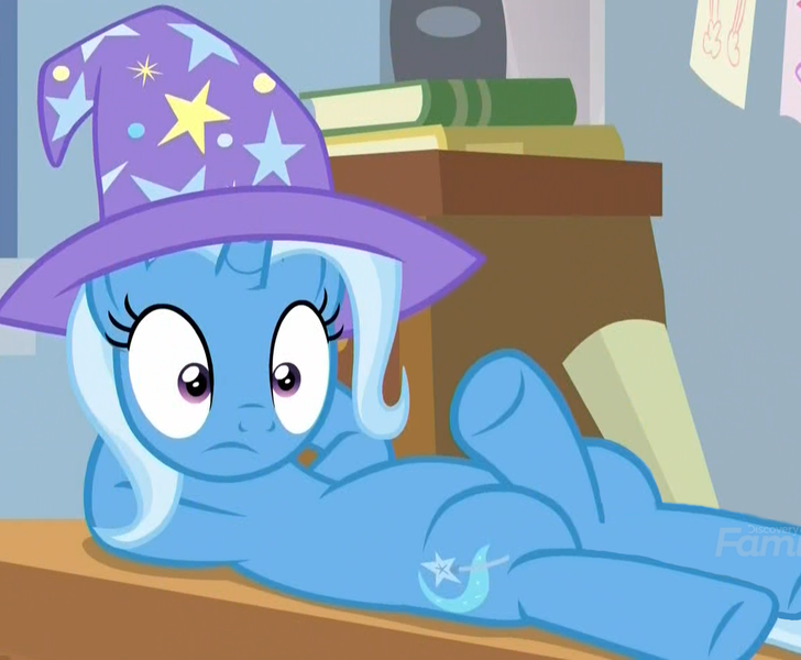 Size: 1189x980 | Tagged: questionable, derpibooru import, edit, edited screencap, screencap, trixie, pony, unicorn, a horse shoe-in, anatomically incorrect, classroom, clothes, cropped, cursed image, desk, discovery family logo, female, fifth leg, futa, futa trixie, hat, implied futa, impossibly large penis, incorrect leg anatomy, interrupted, literal, literal fifth leg, mare, on back, penis, penis leg, reclining, shrunken pupils, solo, surprised, trixie's hat, wide eyes